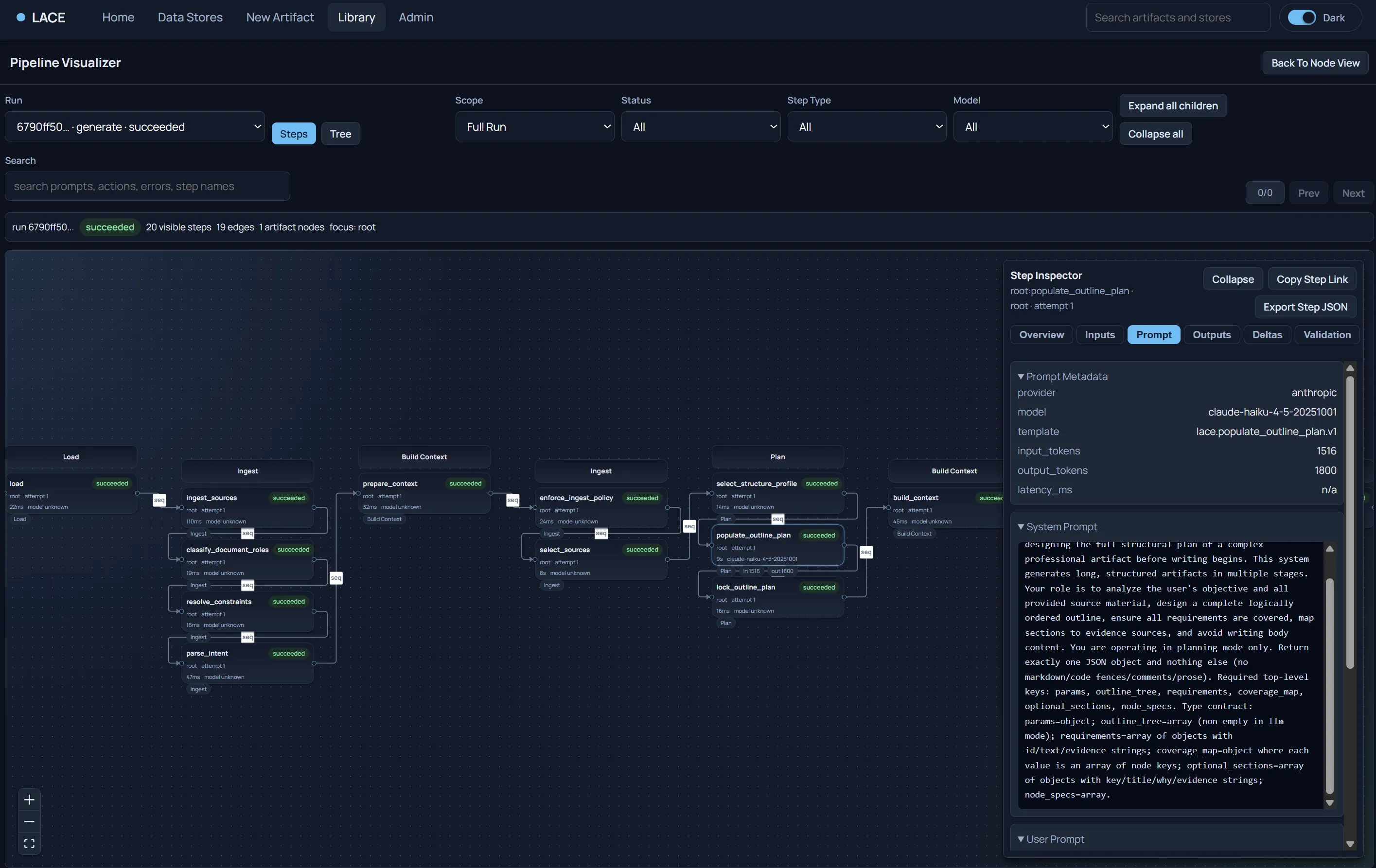LACE workspace showing a governed workflow run